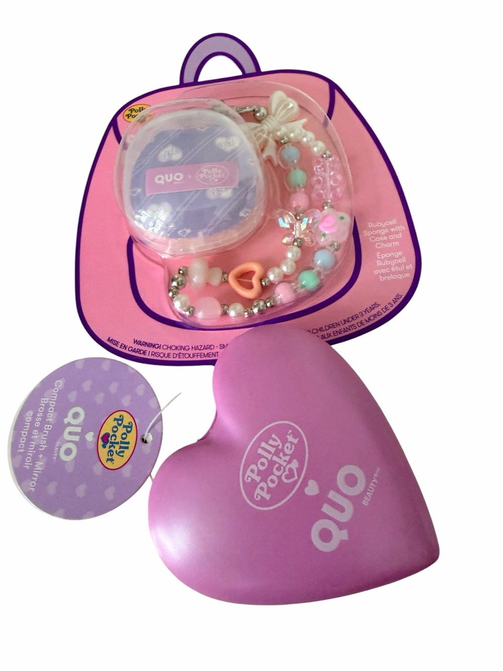 MATTEL POLLY POCKET X QUO Puff Bag Charm & Compact Fold Heart Hair Brush NEW